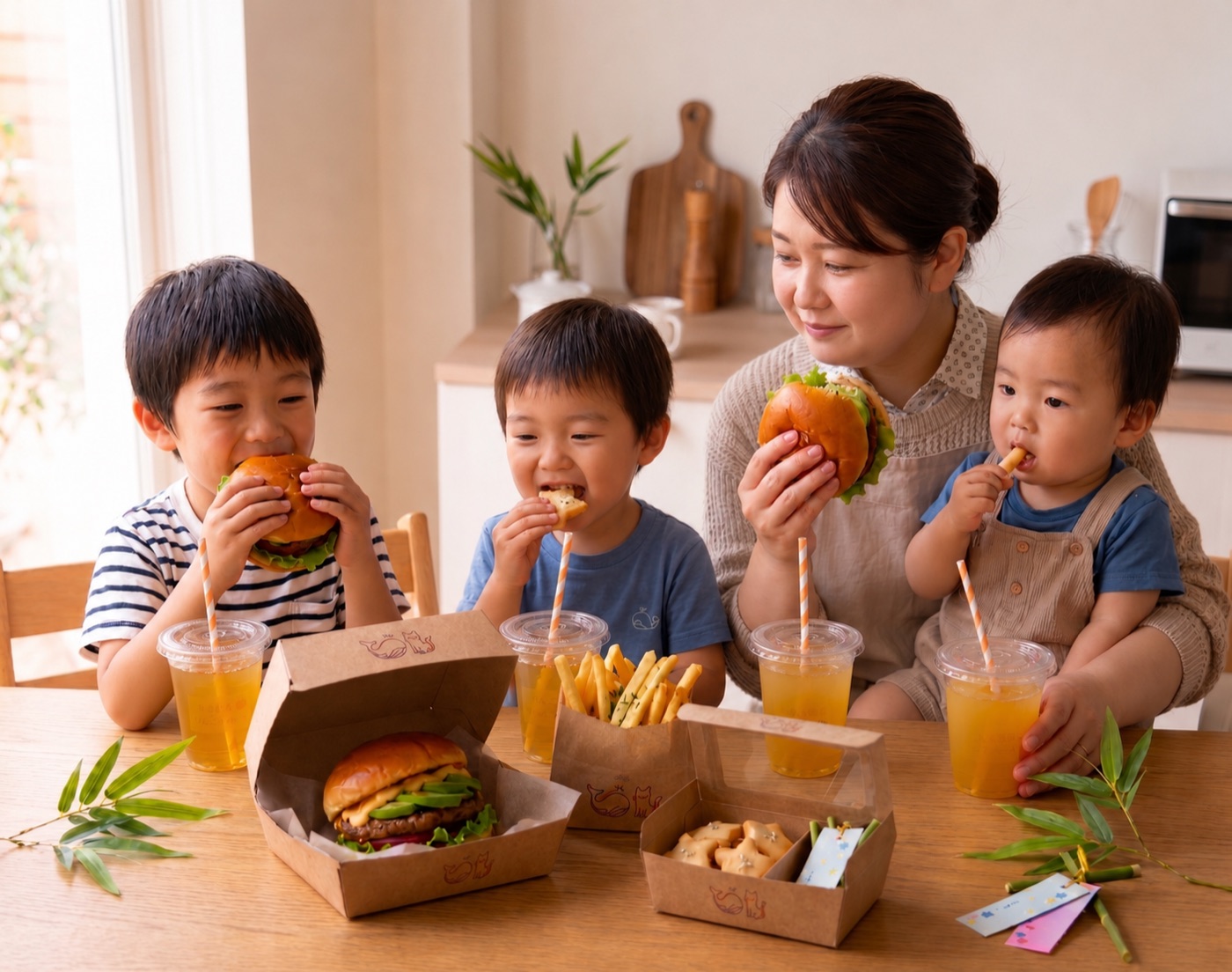 お母さんと3人の子どもが、スターライトバーガーのハンバーガーとジュースを囲んでいる様子