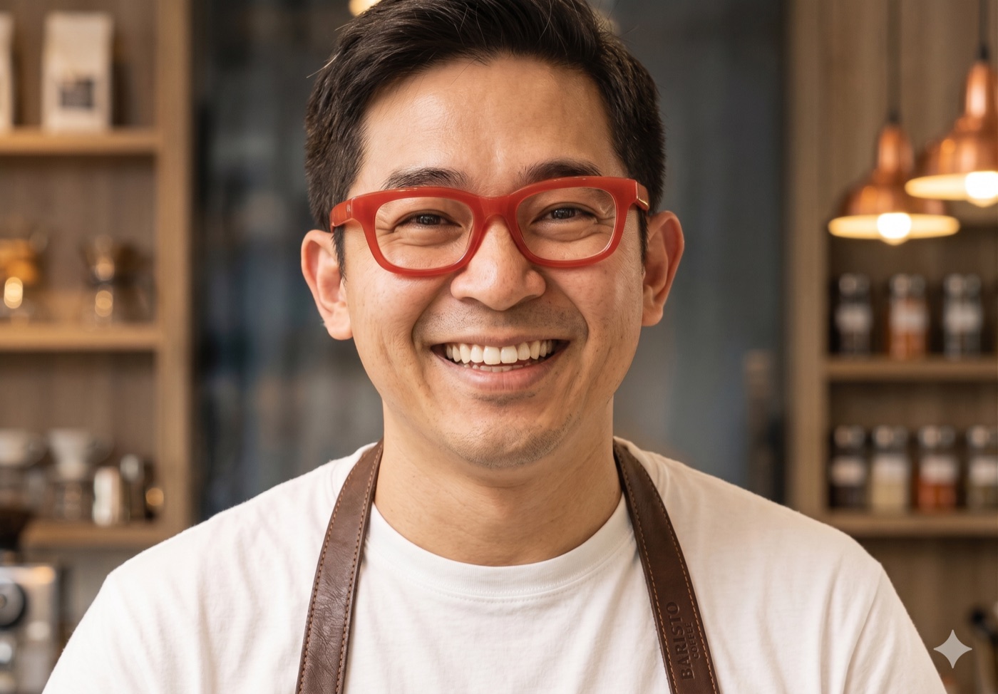 エプロン姿で笑顔の店長